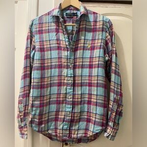 Women’s ocean wash linen size small, button up Polo Ralph lauren plaid button up